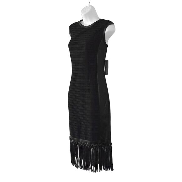 A8 NEW EVA MENDES Ravenna Black Faux Leather Panels & Fringe Dress Size 6 - Picture 3 of 7